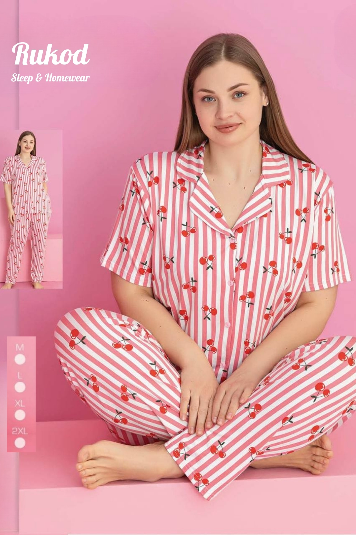 Pembe Beyaz Kirazlı Milan Likralı Gömlek Yaka Düğmeli Uzun Altlı Pijama Takımı
