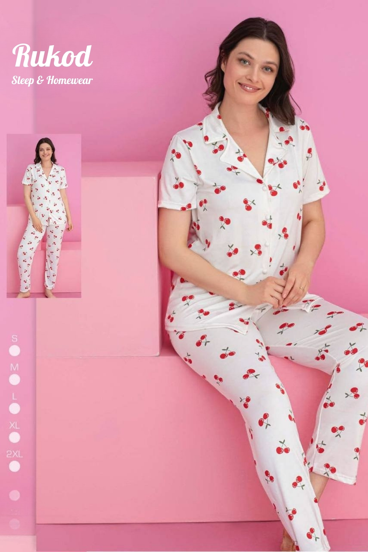 Beyaz Kiraz Desenli Milan Likralı Gömlek Yaka Düğmeli Uzun Altlı Pijama Takımı