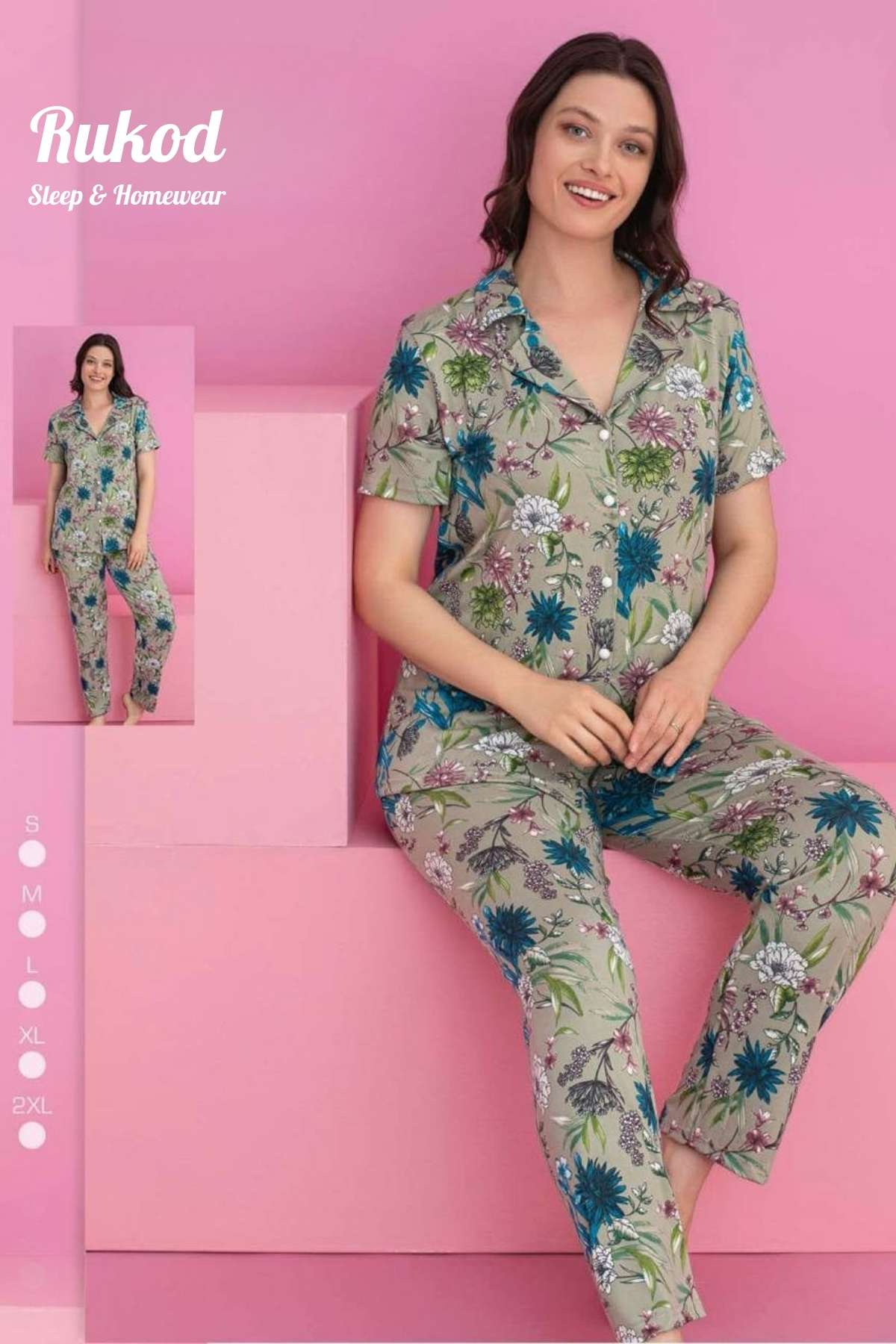 Yeşil Çiçekli Milan Likralı Gömlek Yaka Düğmeli Uzun Altlı Pijama Takımı