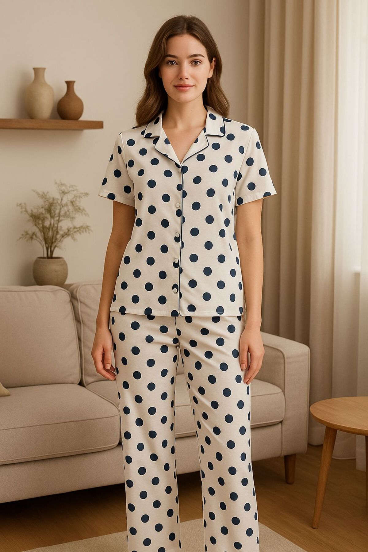 Beyaz Puantiye Desenli Milan Likralı Gömlek Yaka Düğmeli Uzun Altlı Pijama Takımı