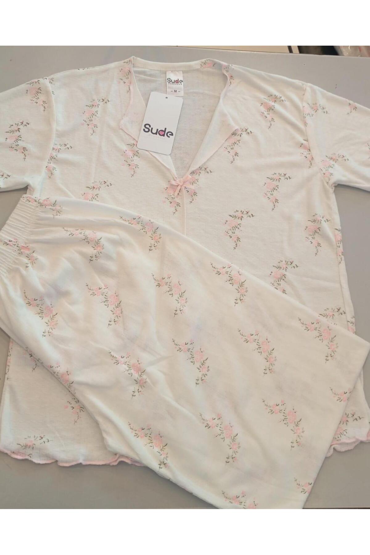 Pembe Çiçekli Bürümcük Likralı Gömlek Yaka Fiyonklu Pinterest Uzun Altlı Pijama Takımı