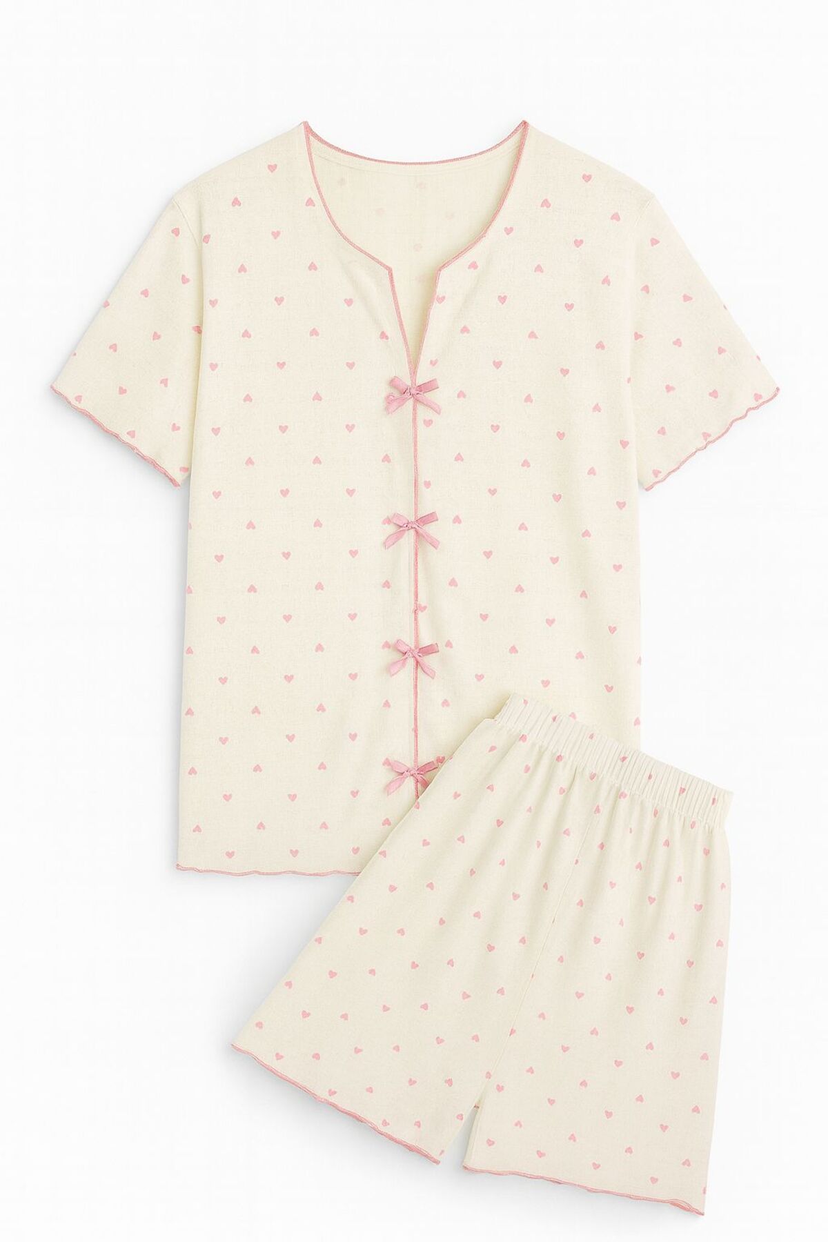 Pembe Kalp Desenli Fiyonklu Pamuk Bürümcük Likralı Örme Kısa Kol Şortlu Pijama Takımı