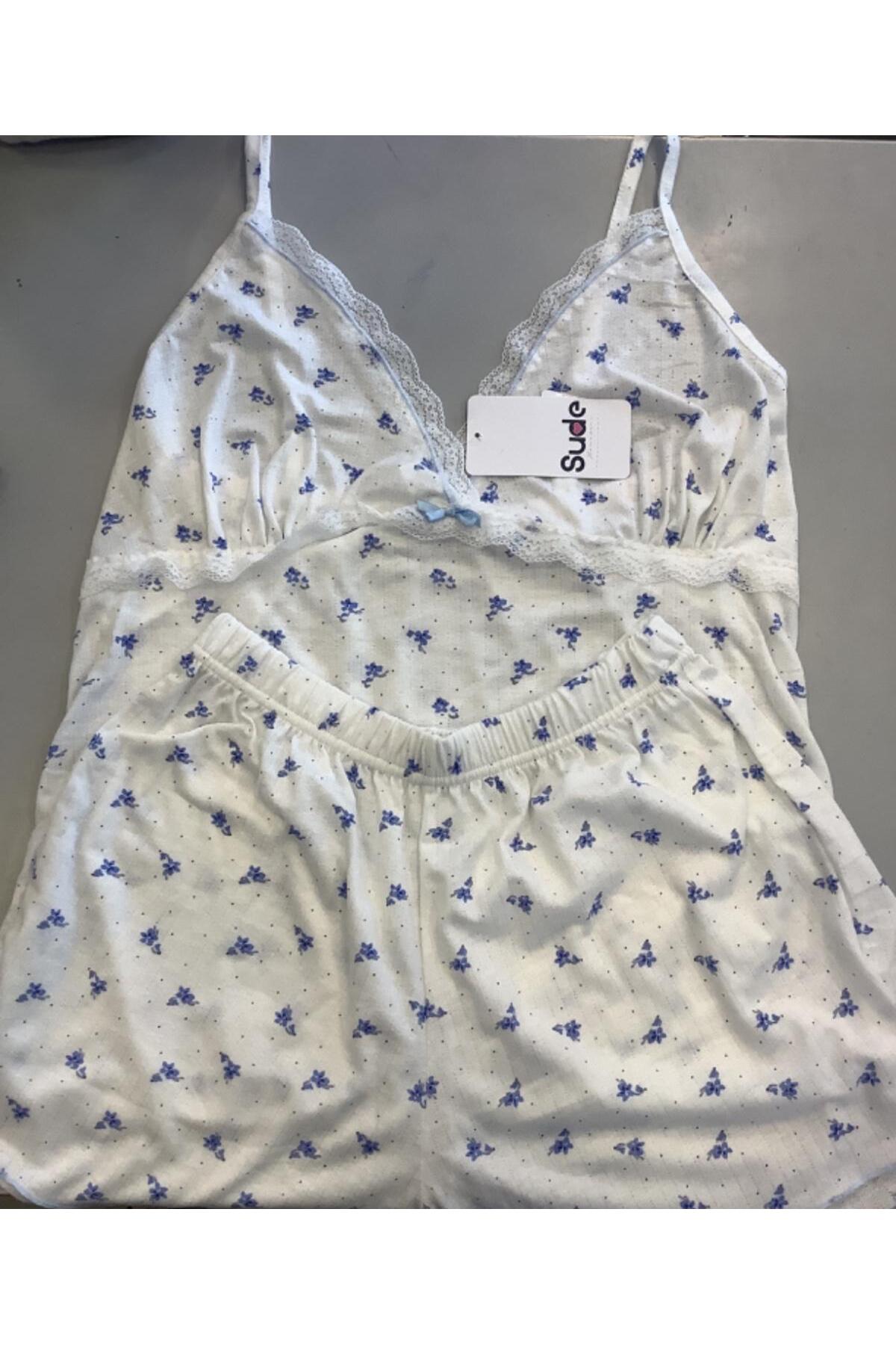 Dantel Detaylı Mavi Çiçek Desenli Pamuk Bürümcük Likralı Örme İp Askılı Şortlu Pijama Takımı