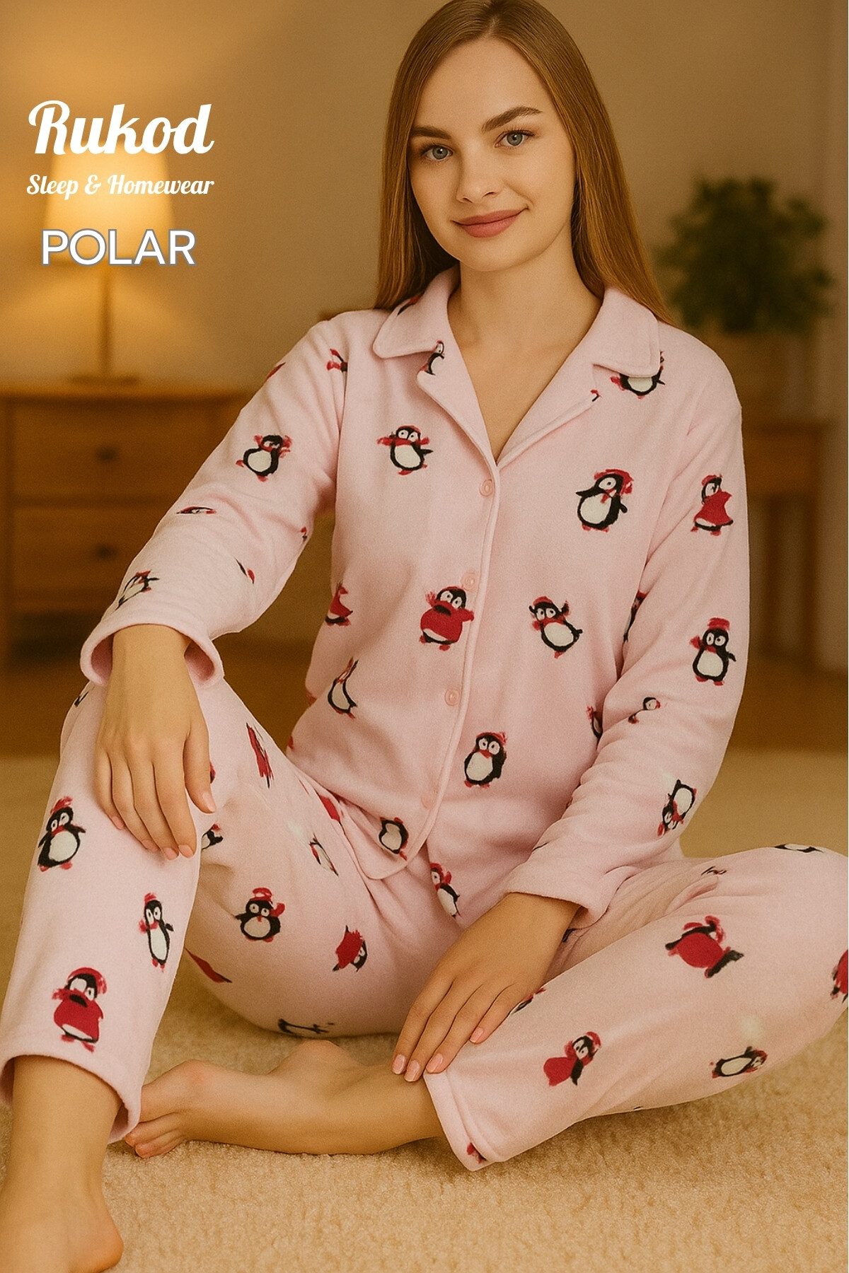 Kadın Kalın Kışlık Penguen Desenli Peluş Gömlek Yaka Düğmeli Alt Üst Polar Pijama Takımı